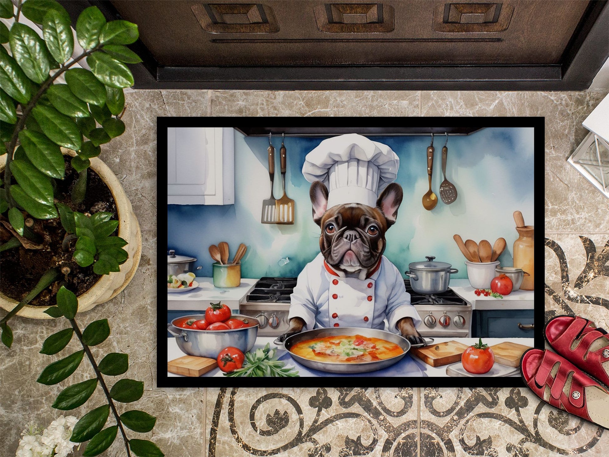 French Bulldog The Chef Doormat Front Door Mat Indoor Outdoor Rugs for Entryway, Non Slip Washable Low Pile, 24H X 36W
