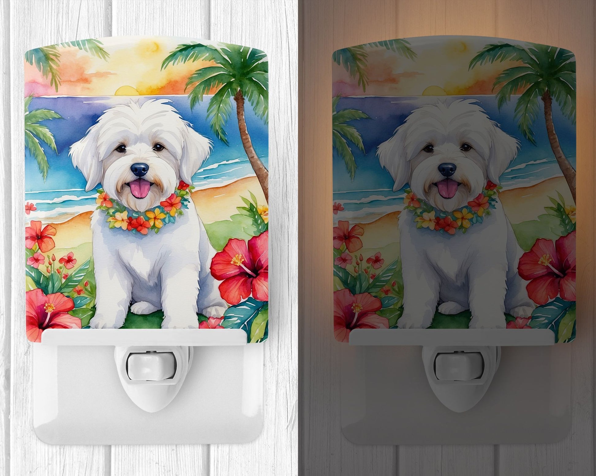 NEW Coton de Tulear Luau Ceramic Night Light Compact, UL-Certified, Ideal for Bedroom, Bathroom, Nursery, Hallway, Kitchen, 6x4x3, Multicolor