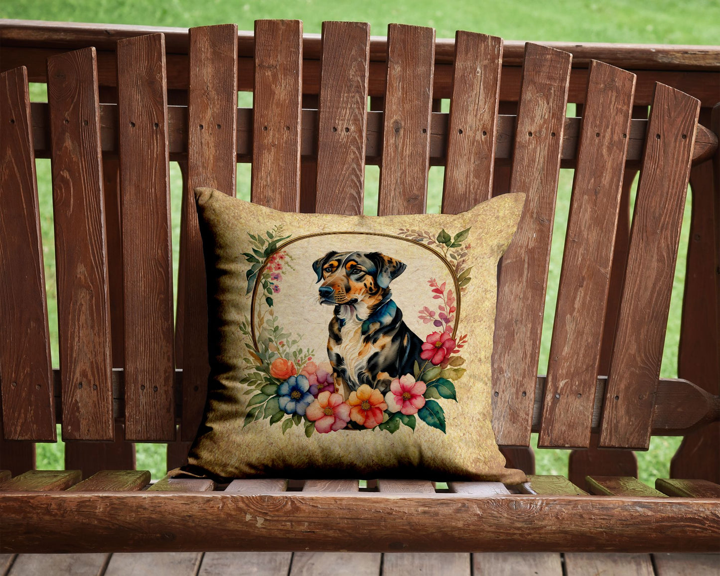 Catahoula Leopard Dog and Flowers Throw Pillow Machine Washable, Indoor Outdoor Decorative Pillow for Couch, Bed or Patio, 14Hx14W
