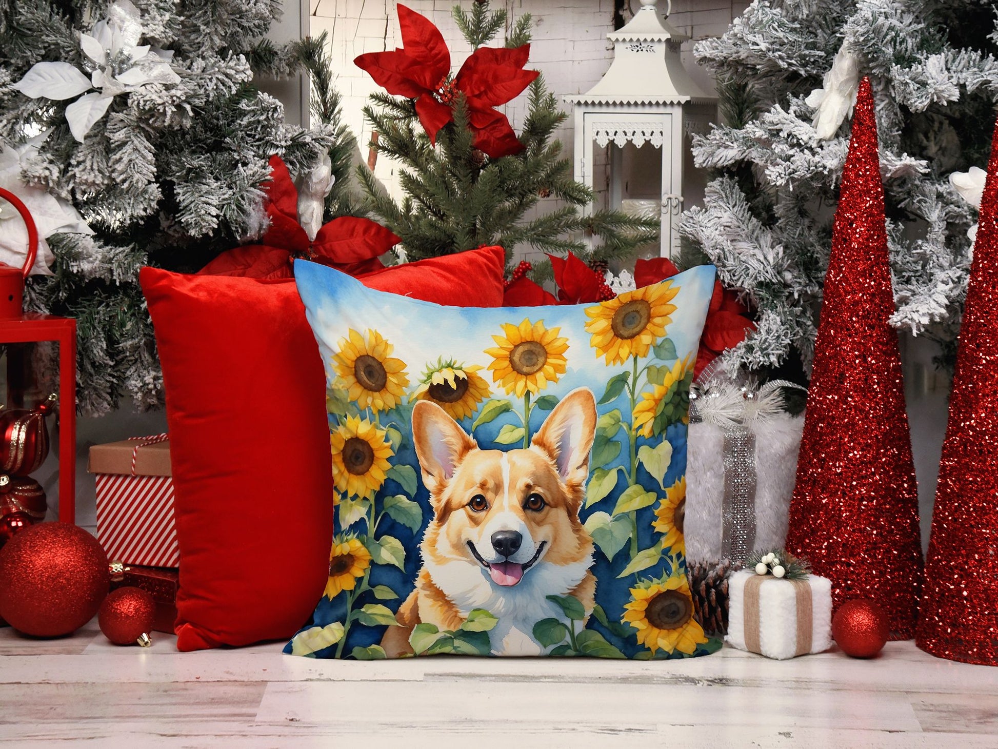 Corgi in Sunflowers Throw Pillow Machine Washable, Indoor Outdoor Decorative Pillow for Couch, Bed or Patio, 14Hx14W