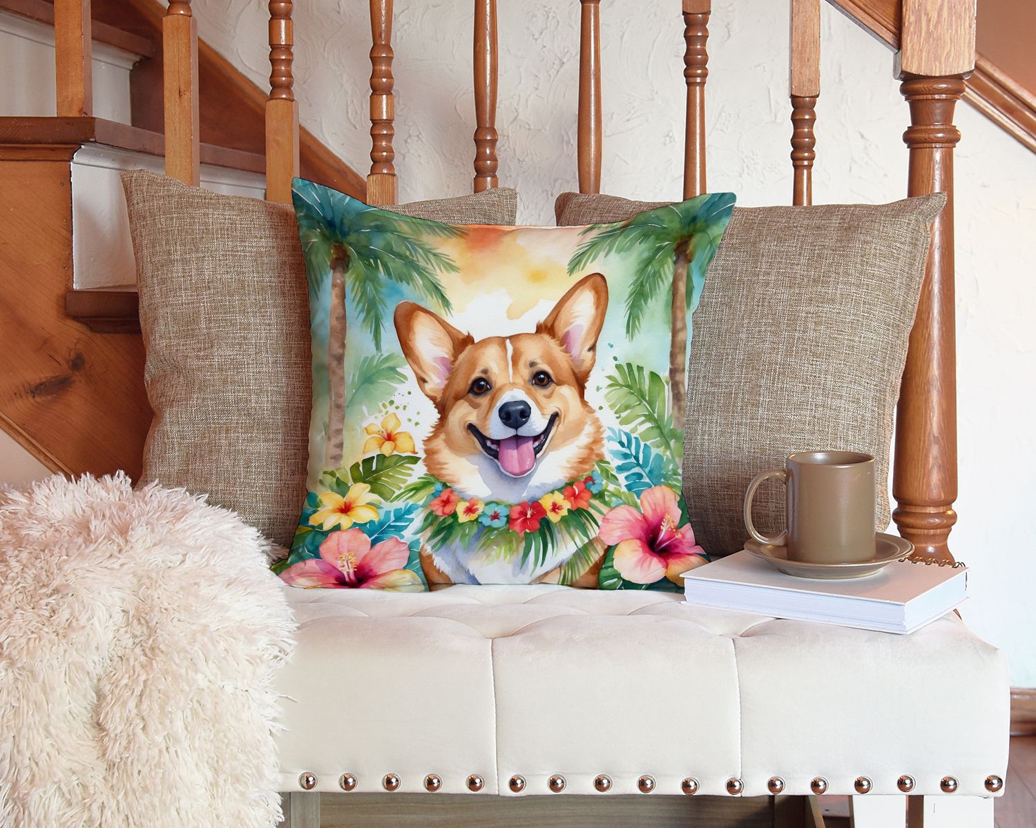 Corgi Luau Throw Pillow Machine Washable, Indoor Outdoor Decorative Pillow for Couch, Bed or Patio, 14Hx14W