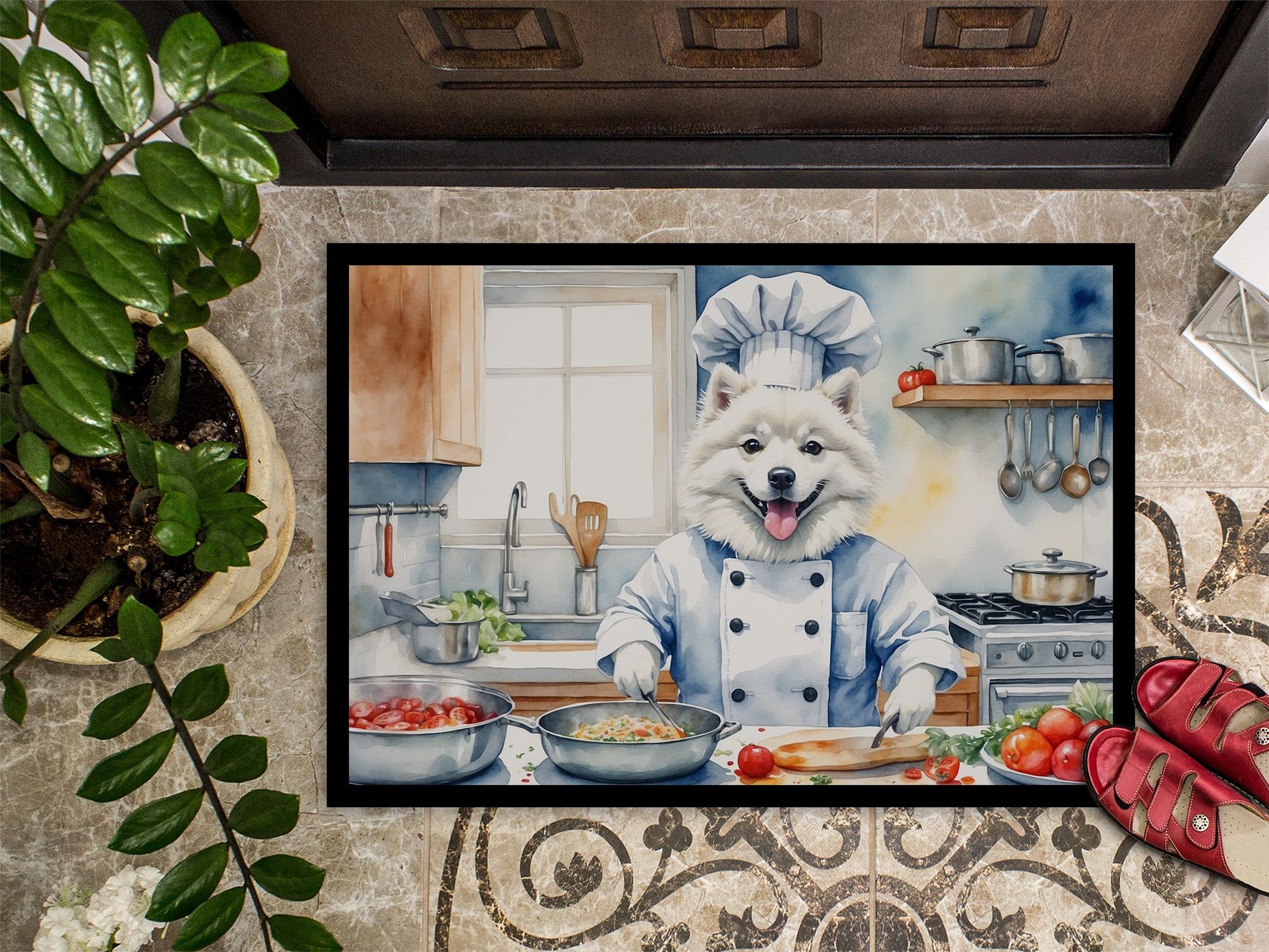 American Eskimo The Chef Doormat Front Door Mat Indoor Outdoor Rugs for Entryway, Non Slip Washable Low Pile, 24H X 36W