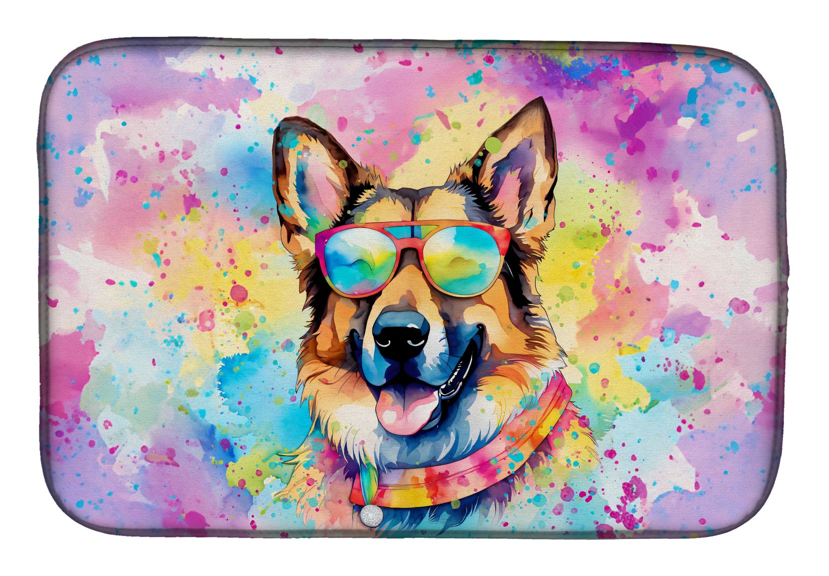 German Shepherd Hippie Dawg Dish Drying Mat Absorbent Dish Drying Mat Pad for Kitchen Counter Dish Drainer Mat for Countertop, 14 x 21", Multicolor