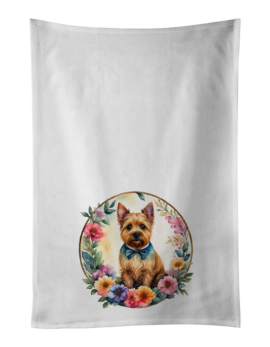 Norwich Terrier and Flowers Kitchen Towel Set of 2 White Dish Towels Decorative Bathroom Hand towel for Hand, Face, Hair, Yoga, Tea, Dishcloth, 19 X 28", White
