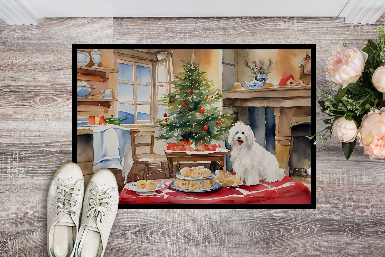 Coton De Tulear Christmas Cookies Doormat Front Door Mat Indoor Outdoor Rugs for Entryway, Non Slip Washable Low Pile, 24H X 36W