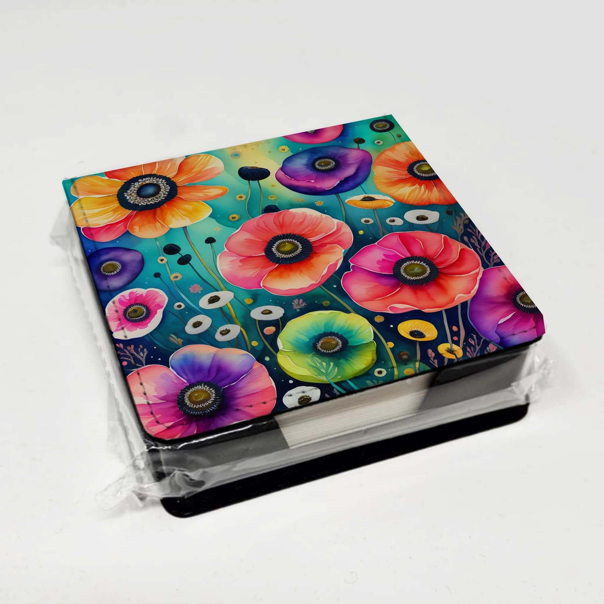 Colorful Anemones PU Leather Note Paper Holder with Artist-Designed Cover, Desk Accessory, Office Gift
