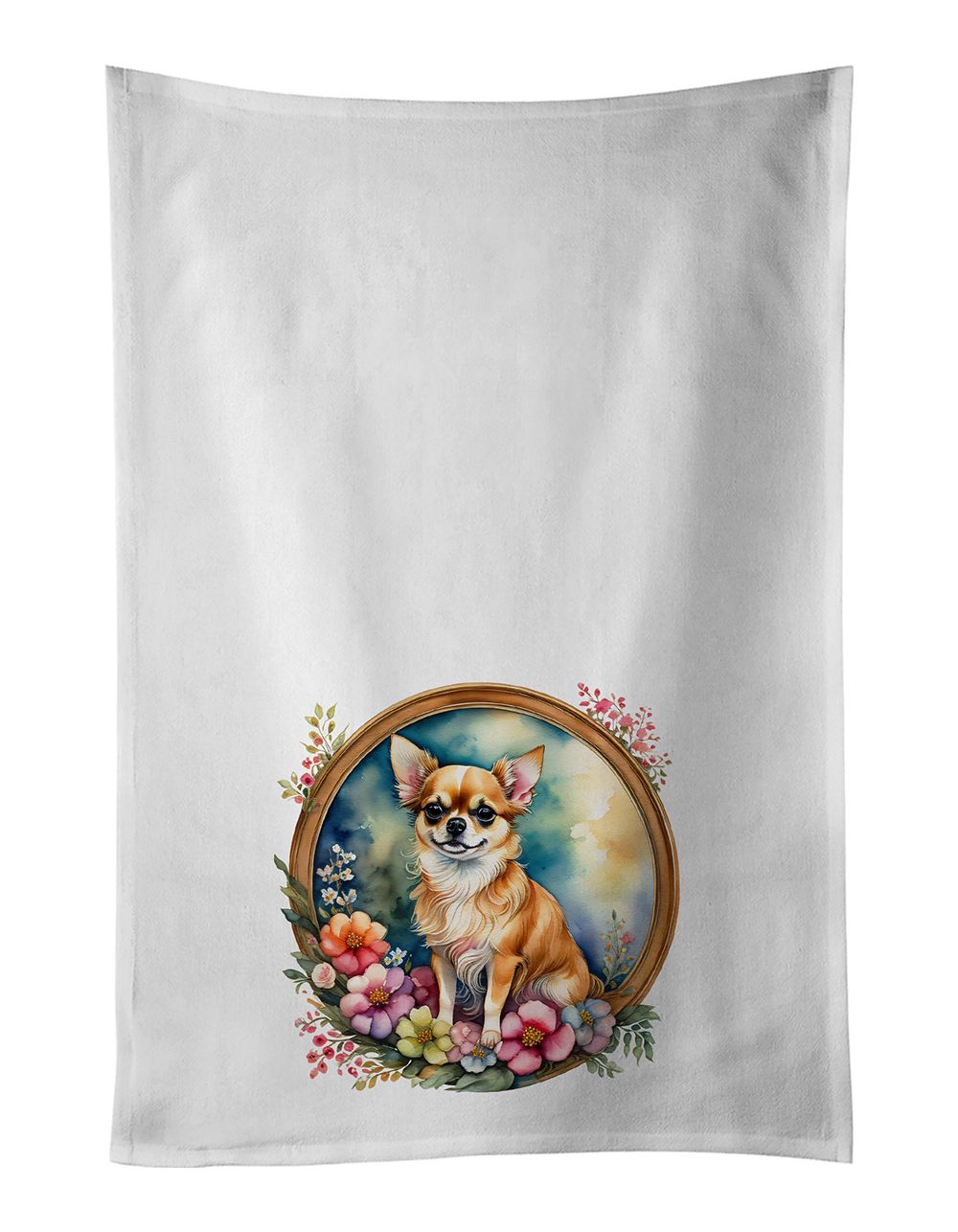 Chihuahua and Flowers Kitchen Towel Set of 2 White Dish Towels Decorative Bathroom Hand towel for Hand, Face, Hair, Yoga, Tea, Dishcloth, 19 X 28", White