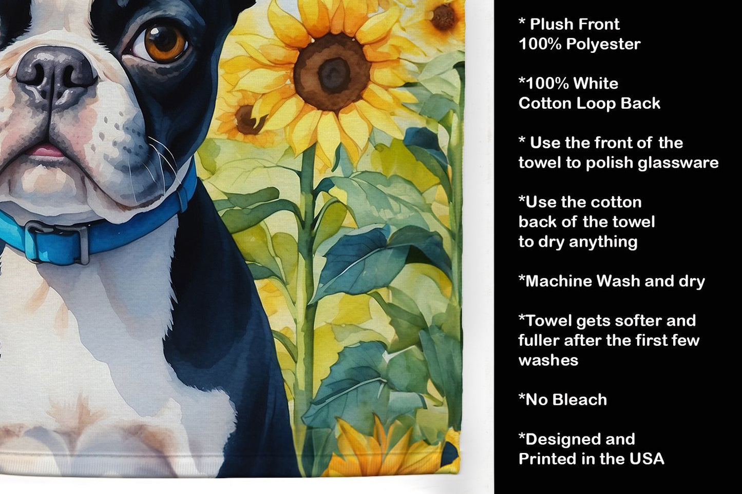 Boston Terrier in Sunflowers Kitchen Towel Dish Cloths Guest Hand Towel Decorative Bathroom Towel for Face,Tea, Dishcloth, Kitchen and Bath
