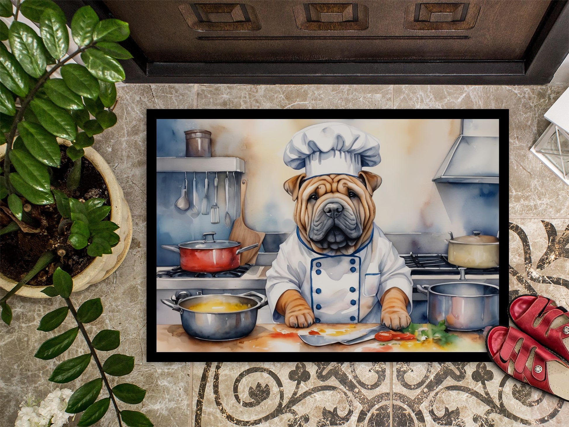 NEW Shar Pei The Chef Doormat Front Door Mat Indoor Outdoor Rugs for Entryway, Non Slip Washable Low Pile, 18H X 27W