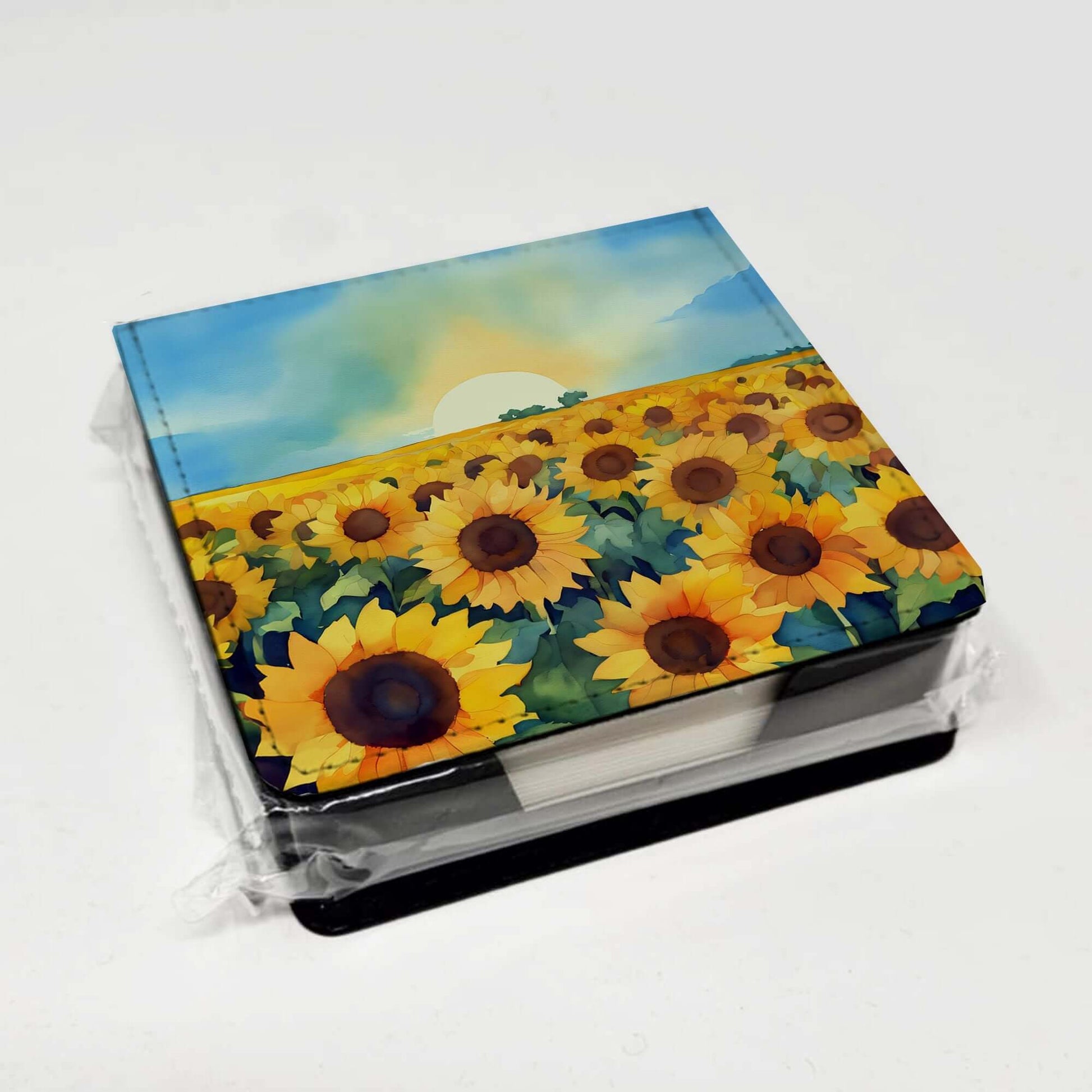 Kansas Sunflowers in Watercolor PU Leather Note Paper Holder with Artist-Designed Cover, Desk Accessory, Office Gift