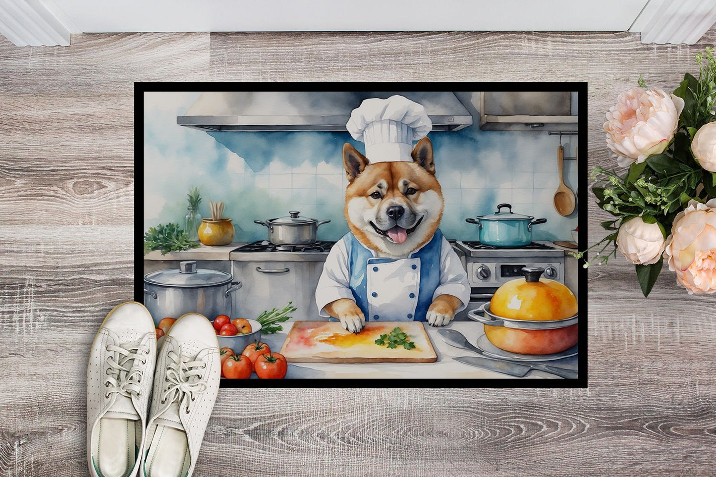 Akita The Chef Doormat Front Door Mat Indoor Outdoor Rugs for Entryway, Non Slip Washable Low Pile, 24H X 36W