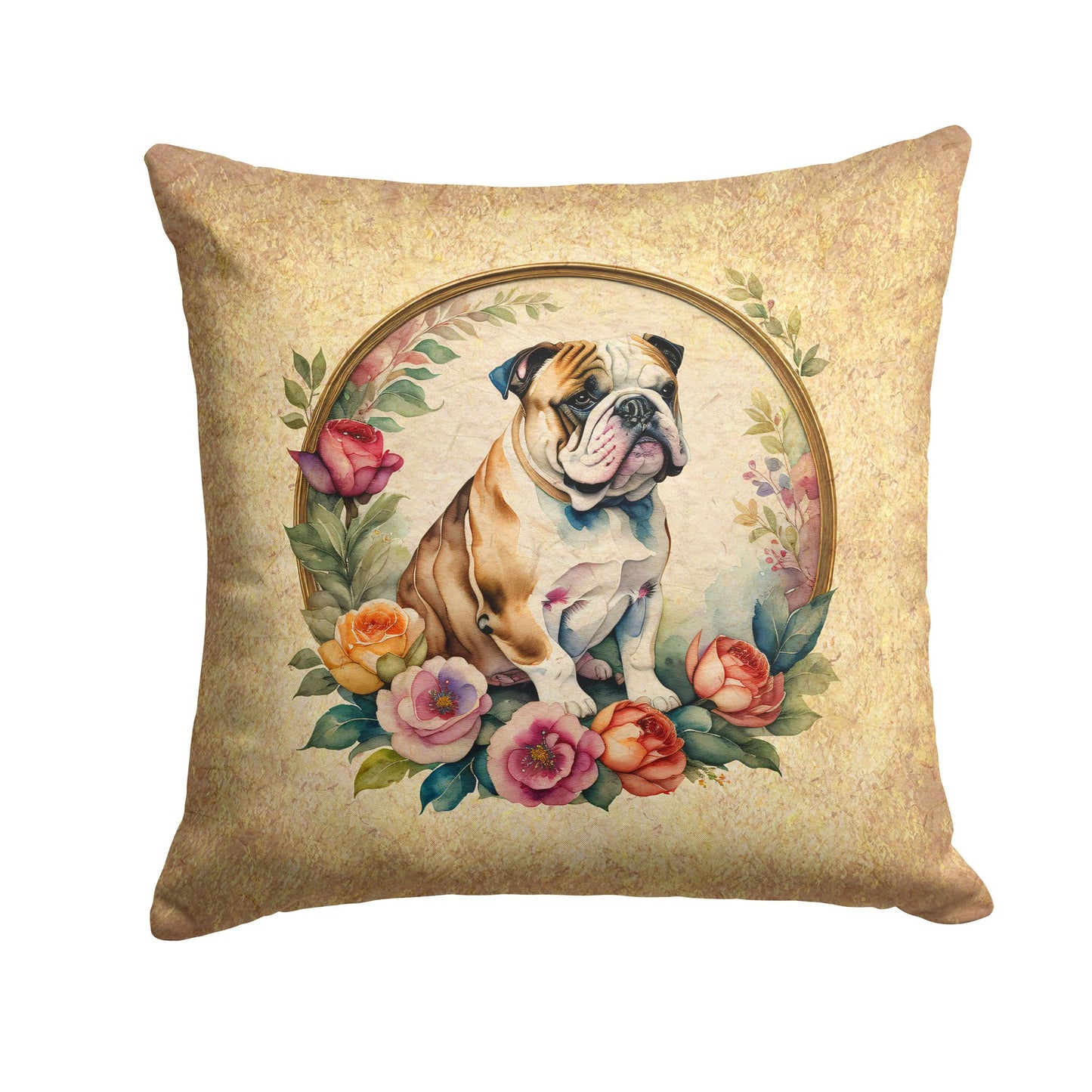 English Bulldog and Flowers Throw Pillow Machine Washable, Indoor Outdoor Decorative Pillow for Couch, Bed or Patio, 14Hx14W