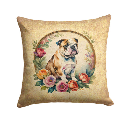 English Bulldog and Flowers Throw Pillow Machine Washable, Indoor Outdoor Decorative Pillow for Couch, Bed or Patio, 14Hx14W