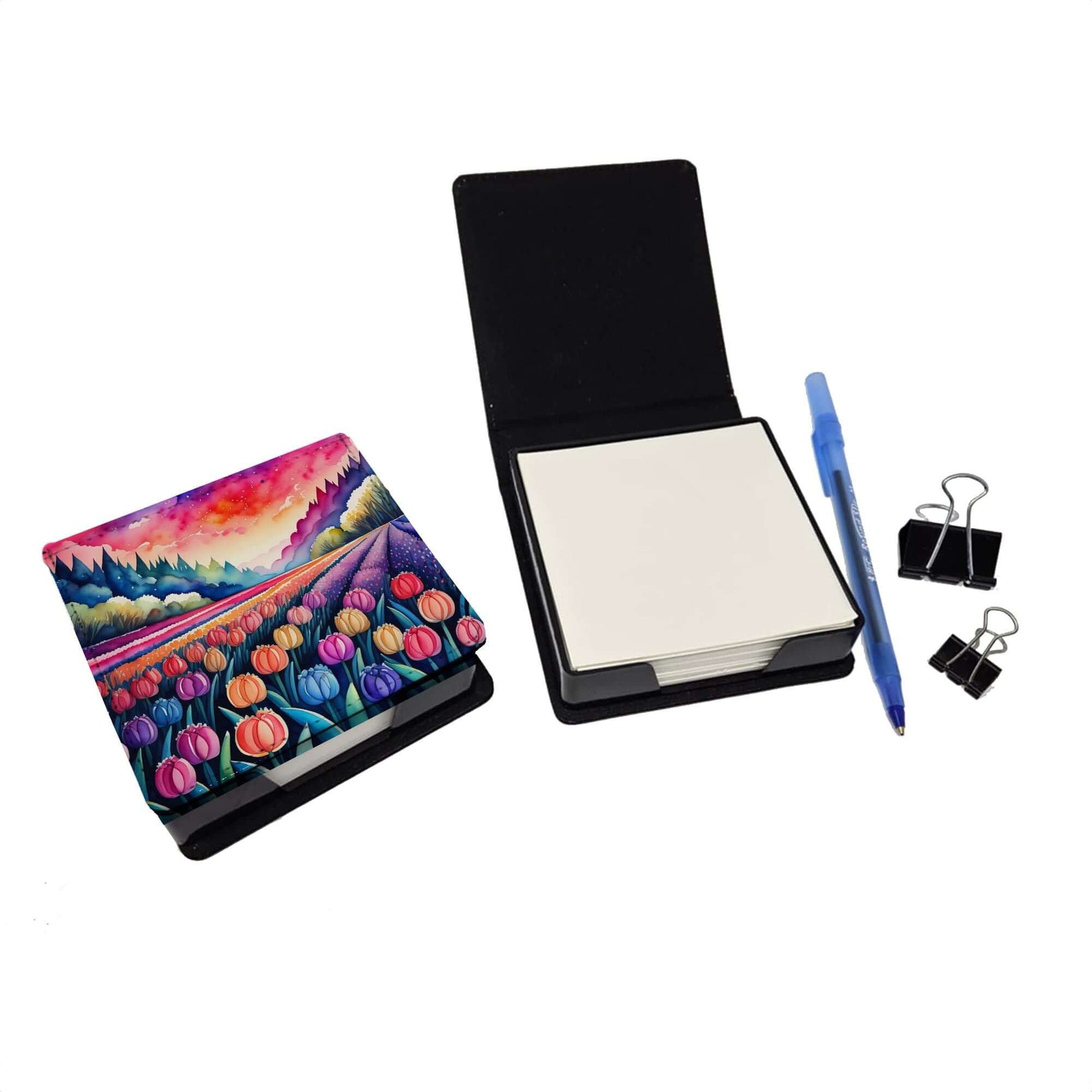 Colorful Hyacinths PU Leather Note Paper Holder with Artist-Designed Cover, Desk Accessory, Office Gift