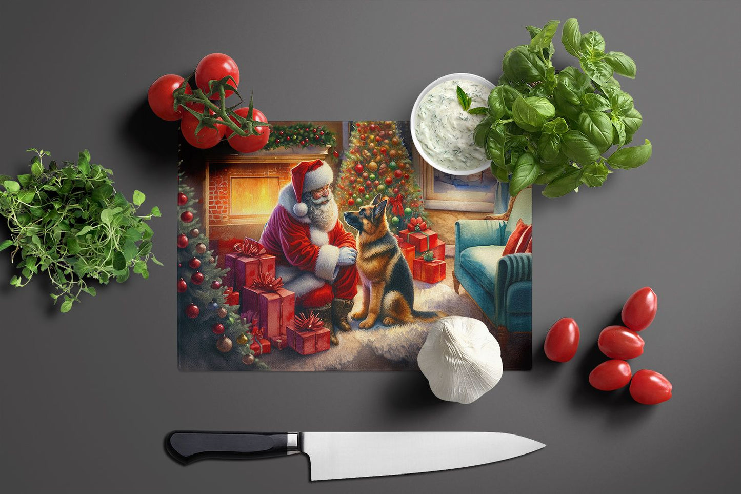NEW German Shepherd and Santa Claus Glass Cutting Board Decorative Tempered Glass Kitchen Cutting and Serving Board Large Size Chopping Board
