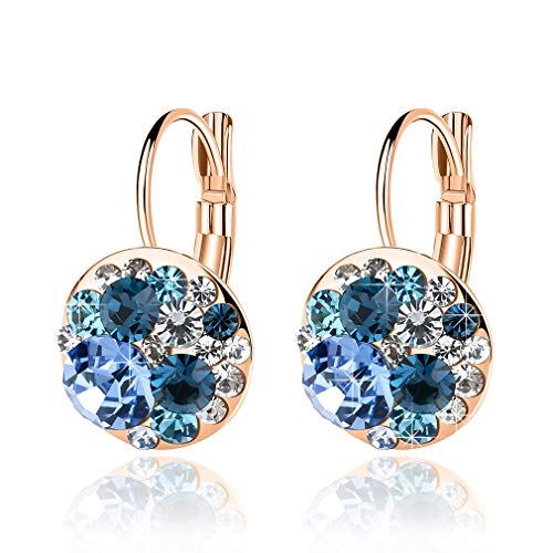 Multicolored Austrian Crystal Leverback Earrings for Women 14K Gold Plated Dangle Hoop Earrings Hypoallergenic Jewelry