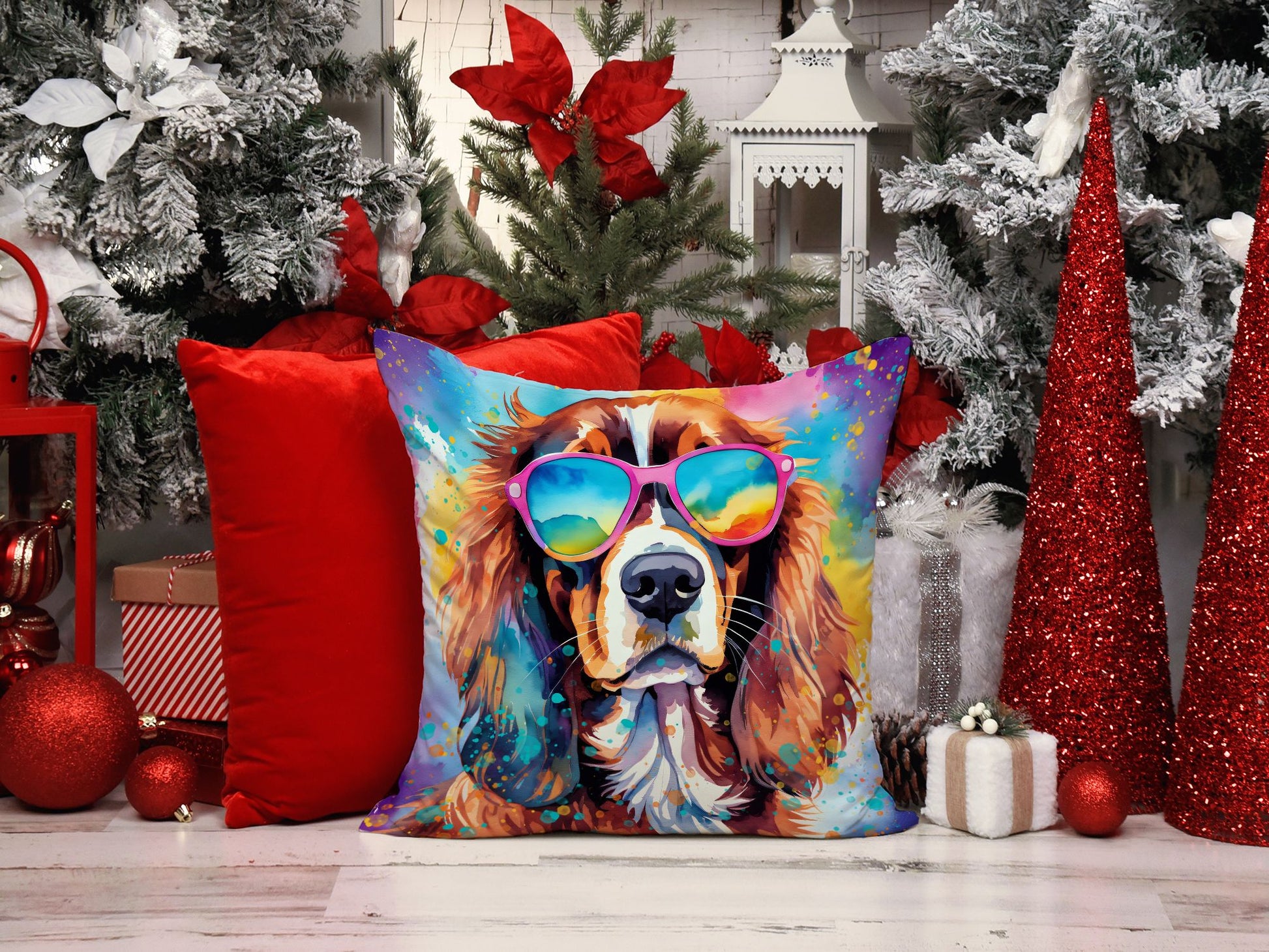 Cavalier Spaniel Hippie Dawg Throw Pillow Machine Washable, Indoor Outdoor Decorative Pillow for Couch, Bed or Patio, 14Hx14W