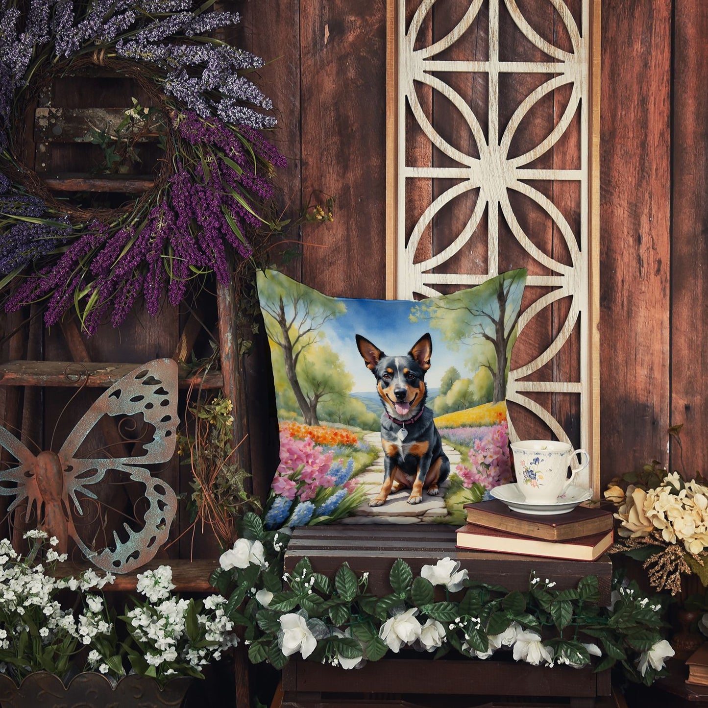 Australian Cattle Dog Spring Garden Throw Pillow Machine Washable, Indoor Outdoor Decorative Pillow for Couch, Bed or Patio, 14Hx14W