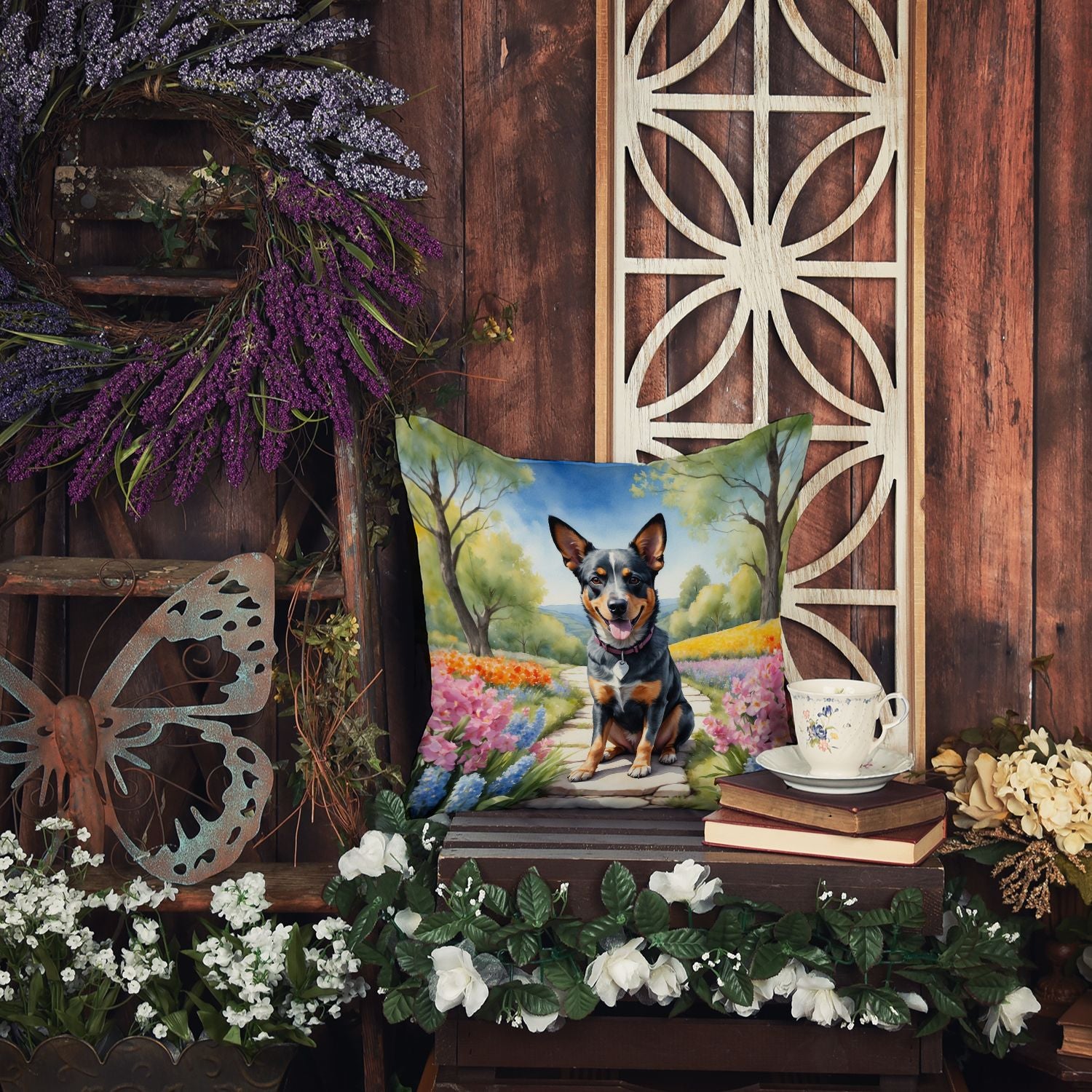 Australian Cattle Dog Spring Garden Throw Pillow Machine Washable, Indoor Outdoor Decorative Pillow for Couch, Bed or Patio, 14Hx14W