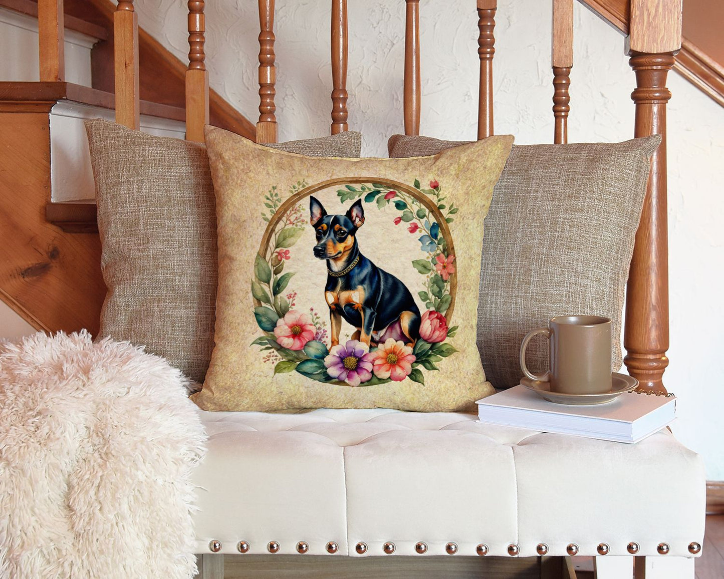 Miniature Pinscher and Flowers Throw Pillow Machine Washable, Indoor Outdoor Decorative Pillow for Couch, Bed or Patio, 14Hx14W