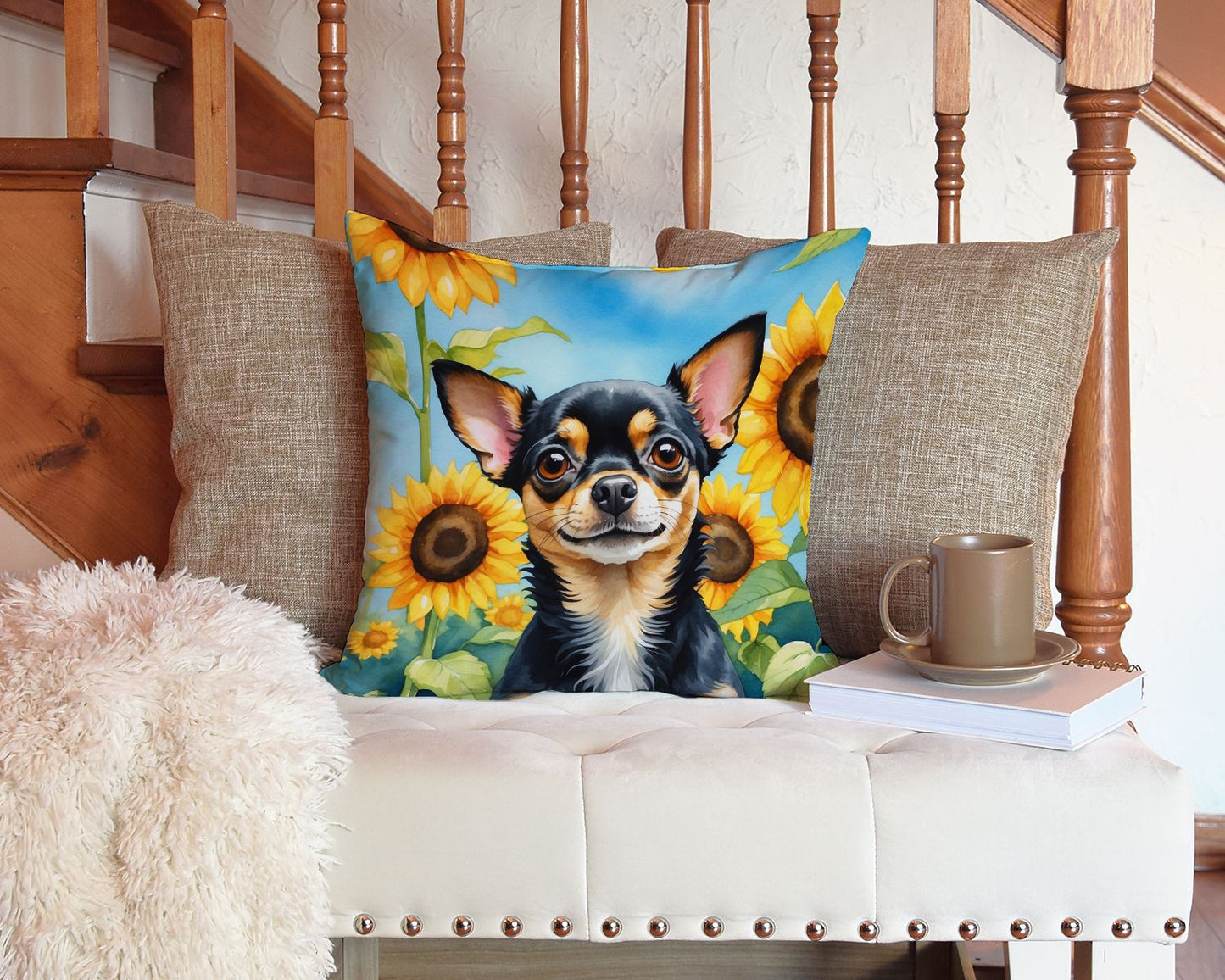 Chihuahua in Sunflowers Throw Pillow Machine Washable, Indoor Outdoor Decorative Pillow for Couch, Bed or Patio, 14Hx14W