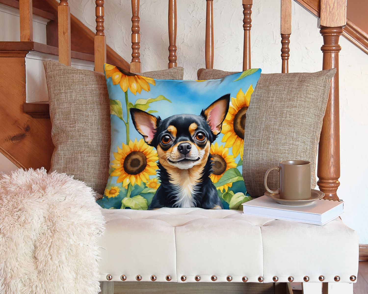 Chihuahua in Sunflowers Throw Pillow Machine Washable, Indoor Outdoor Decorative Pillow for Couch, Bed or Patio, 14Hx14W