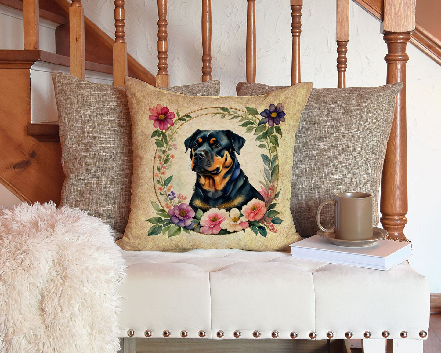 Rottweiler and Flowers Throw Pillow Machine Washable, Indoor Outdoor Decorative Pillow for Couch, Bed or Patio, 14Hx14W