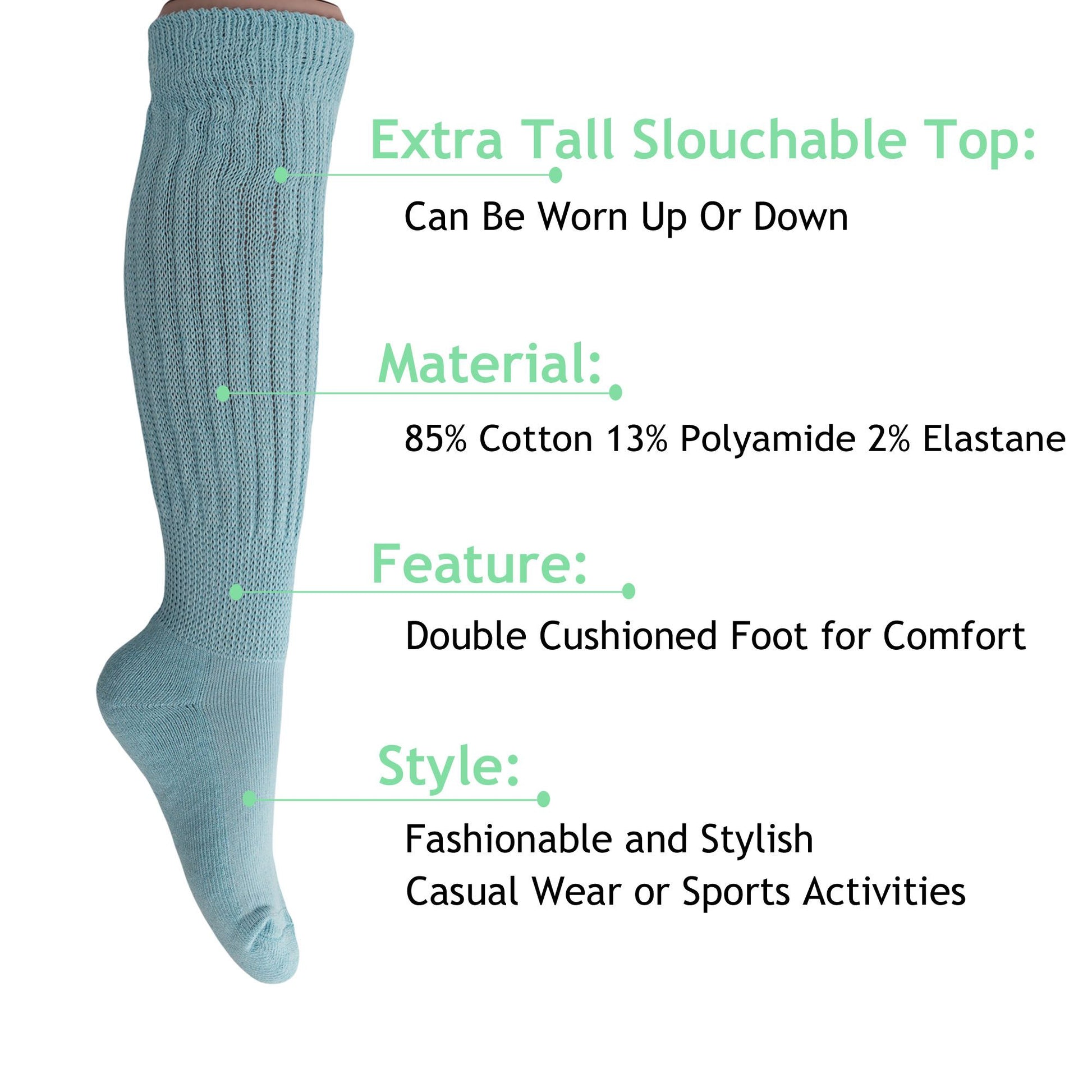 Women's Extra Long Slouch Scrunch Socks Knee High, Cotton Blend, Pack of 2, Fits Shoe Sizes 5-10, 80s Style, 28 Colors
