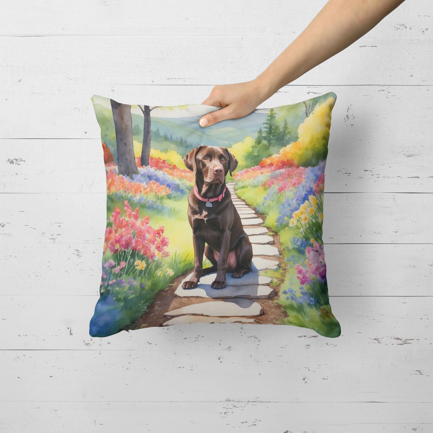 Labrador Retriever Spring Path Throw Pillow Machine Washable, Indoor Outdoor Decorative Pillow for Couch, Bed or Patio, 18Hx18W