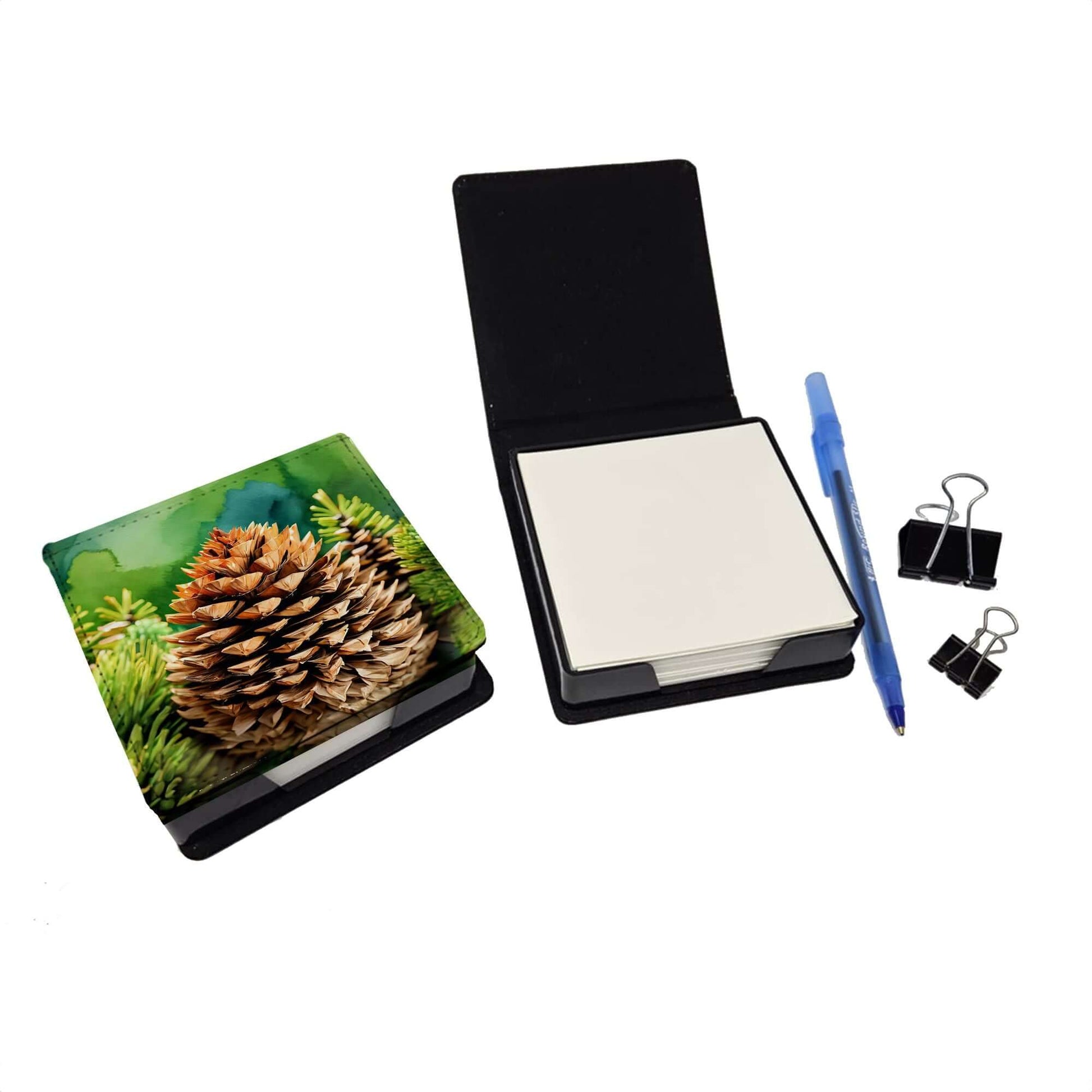 Maine White Pine Cone and Tassels in Watercolor PU Leather Note Paper Holder with Artist-Designed Cover, Desk Accessory, Office Gift