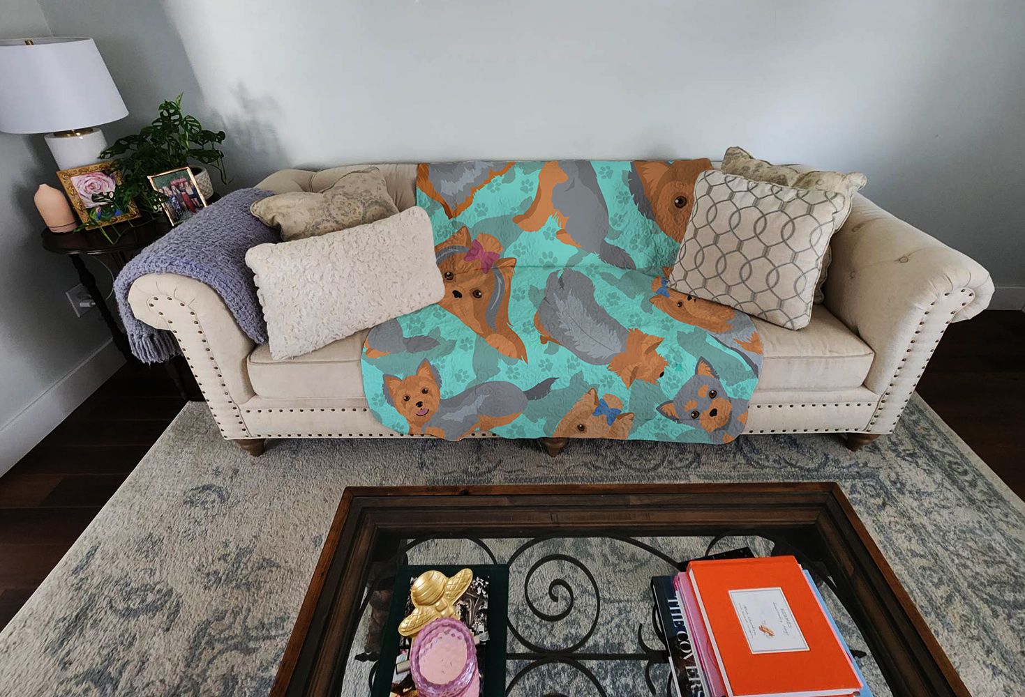 Blue and Tan Yorkie Quilted Blanket 50x60 Artwork Pattern Quilted Throw Blanket for Bed, Couch, Sofa, Soft and Lightweight
