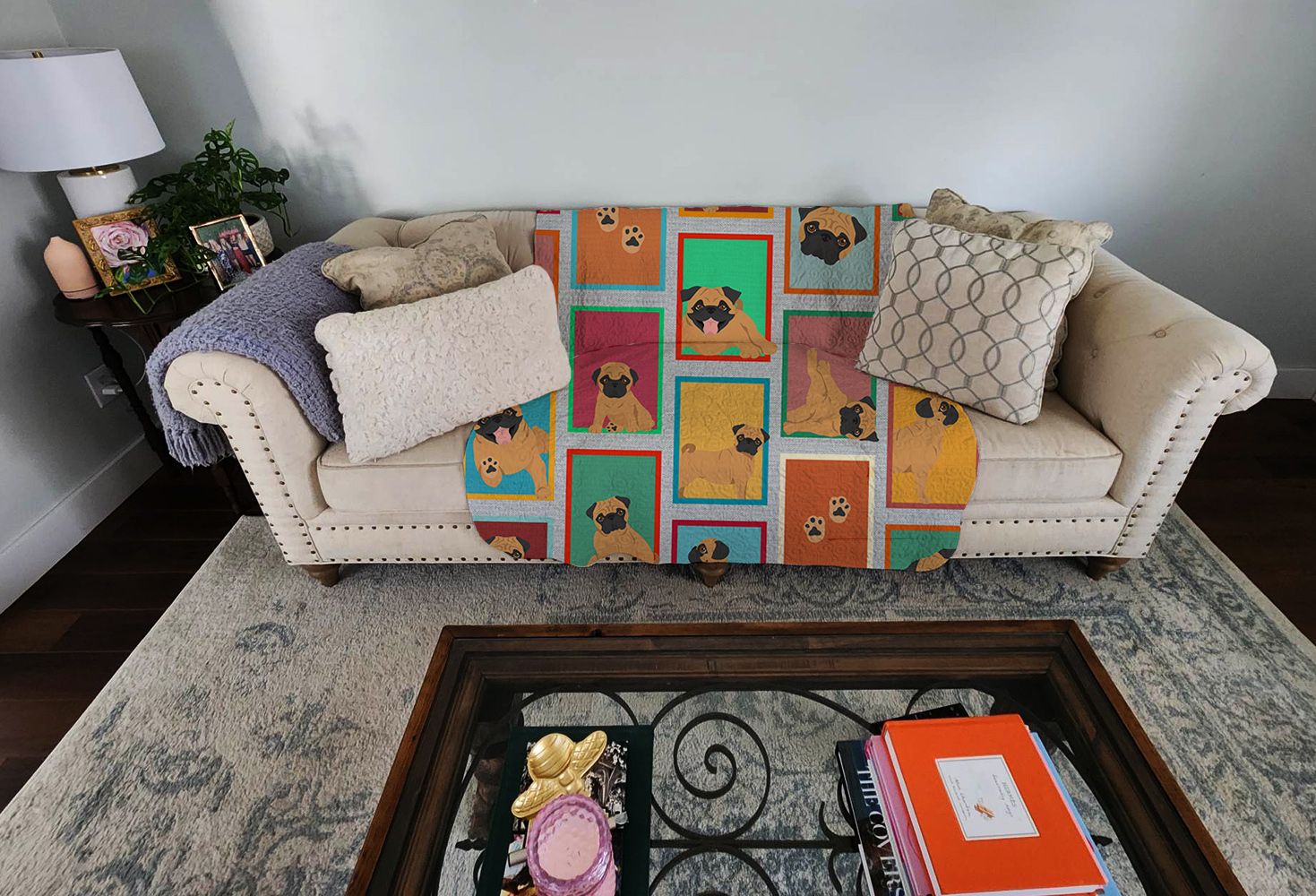 Lots of Apricot Pug Quilted Blanket 50x60 Artwork Pattern Quilted Throw Blanket for Bed, Couch, Sofa, Soft and Lightweight