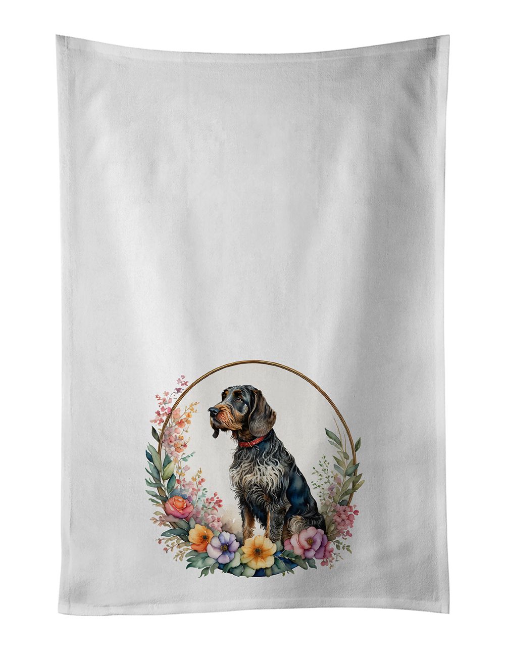 German Wirehaired Pointer and Flowers Kitchen Towel Set of 2 White Dish Towels Decorative Bathroom Hand towel for Hand, Face, Hair, Yoga, Tea, Dishcloth, 19 X 28", White