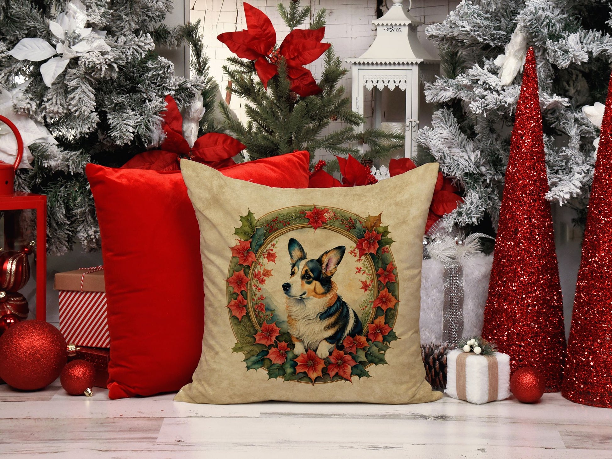 Corgi Christmas Flowers Throw Pillow Machine Washable, Indoor Outdoor Decorative Pillow for Couch, Bed or Patio, 14Hx14W