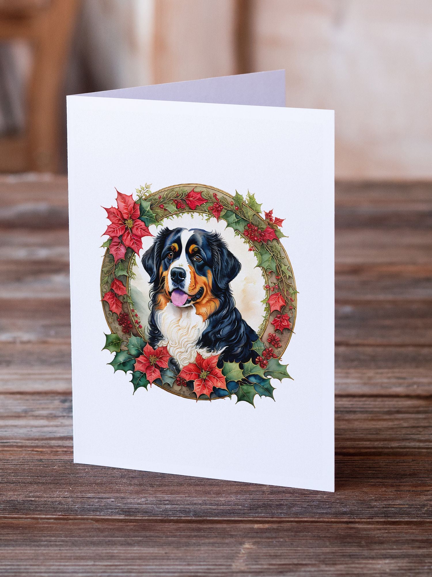 Bernese Mountain Dog Christmas Flowers Greeting Cards Pack of 8 Blank Cards with Envelopes Whimsical A7 Size 5x7 Blank Note Cards