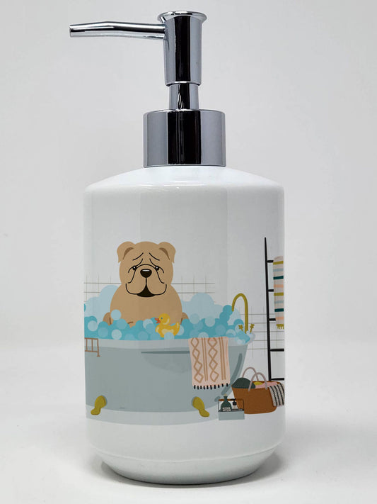Fawn English Bulldog in Bathtub Ceramic Soap Dispenser Hand Soap Dispenser Pump Bottles for Bathroom Kitchen, Empty Refillable Liquid Soap Container