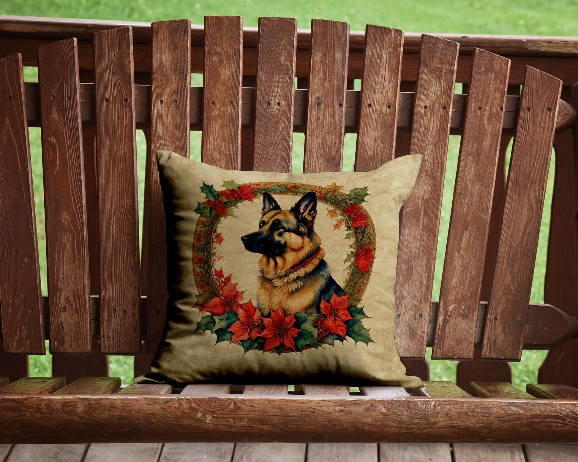 German Shepherd Christmas Flowers Throw Pillow Machine Washable, Indoor Outdoor Decorative Pillow for Couch, Bed or Patio, 14Hx14W