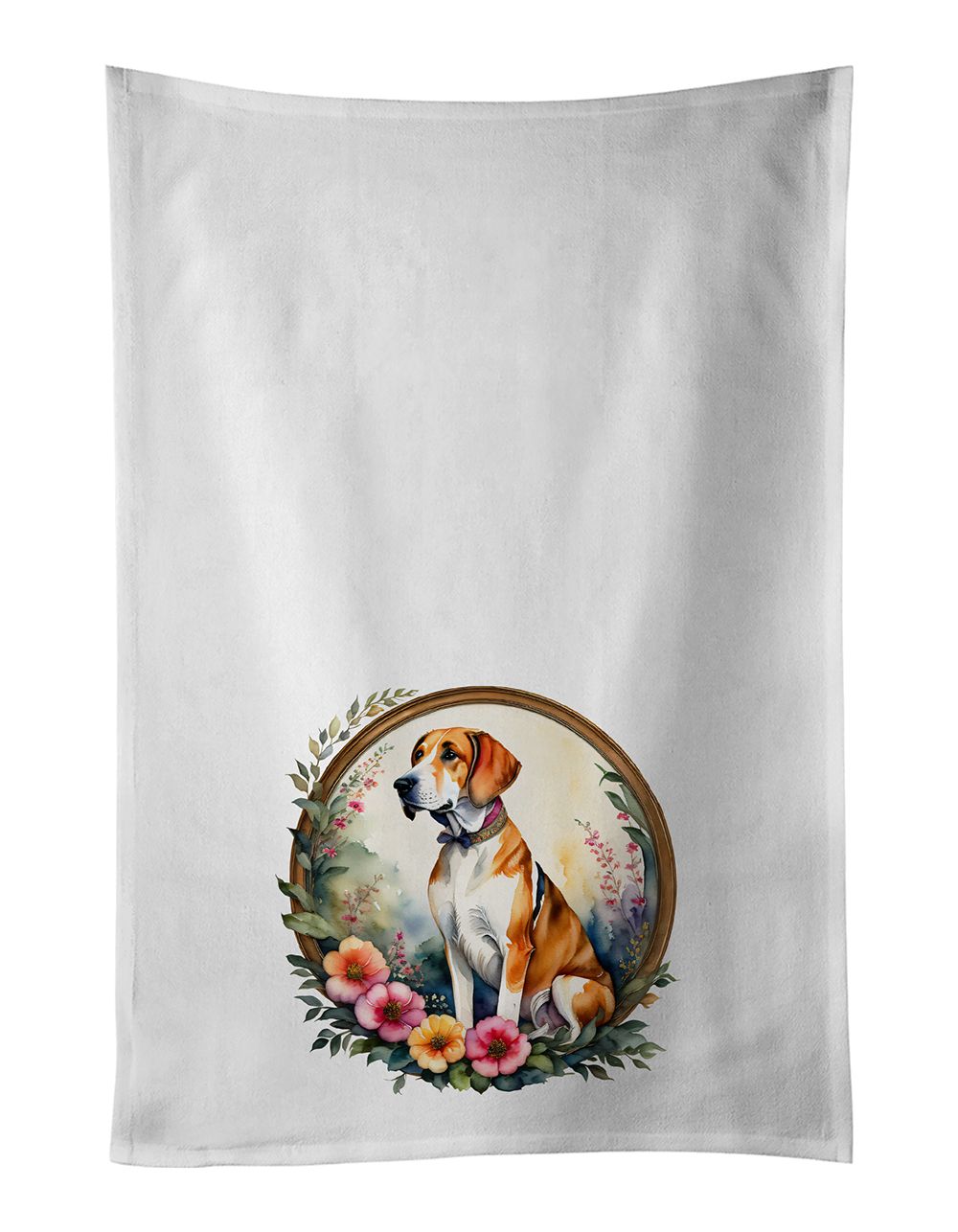 English Foxhound and Flowers Kitchen Towel Set of 2 White Dish Towels Decorative Bathroom Hand towel for Hand, Face, Hair, Yoga, Tea, Dishcloth, 19 X 28", White
