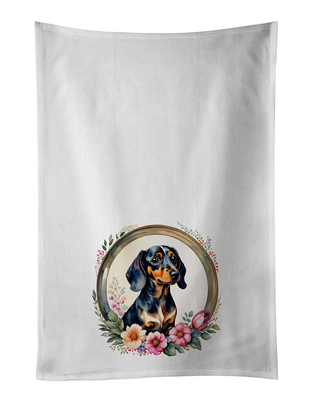 Dachshund and Flowers Kitchen Towel Set of 2 White Dish Towels Decorative Bathroom Hand towel for Hand, Face, Hair, Yoga, Tea, Dishcloth, 19 X 28", White