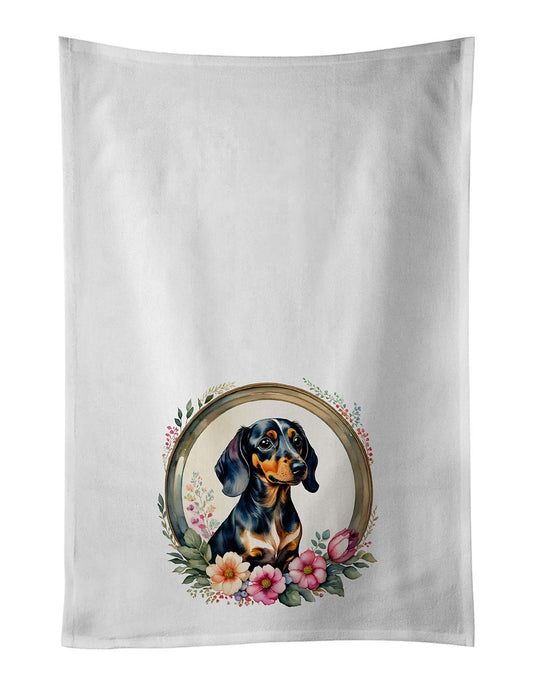 Dachshund and Flowers Kitchen Towel Set of 2 White Dish Towels Decorative Bathroom Hand towel for Hand, Face, Hair, Yoga, Tea, Dishcloth, 19 X 28", White