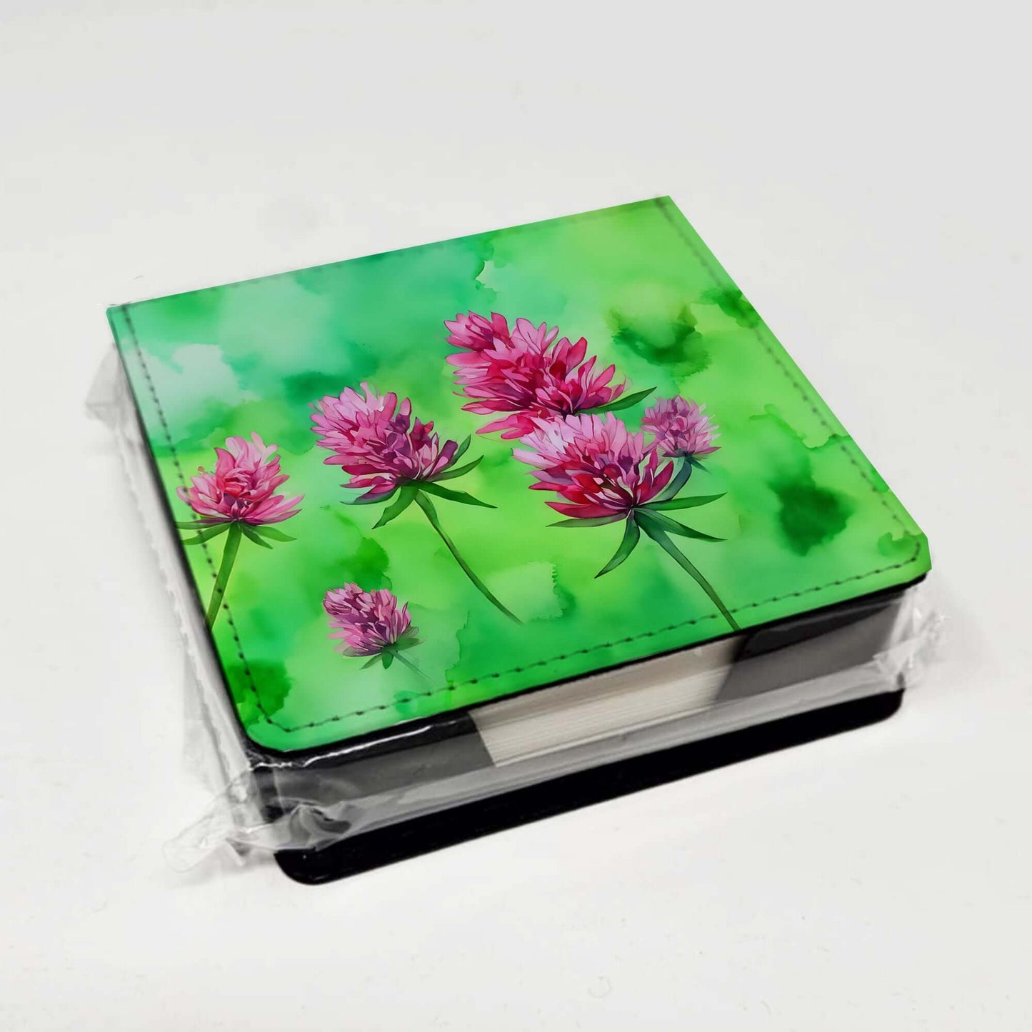 Vermont Red Clover in Watercolor PU Leather Note Paper Holder with Artist-Designed Cover, Desk Accessory, Office Gift