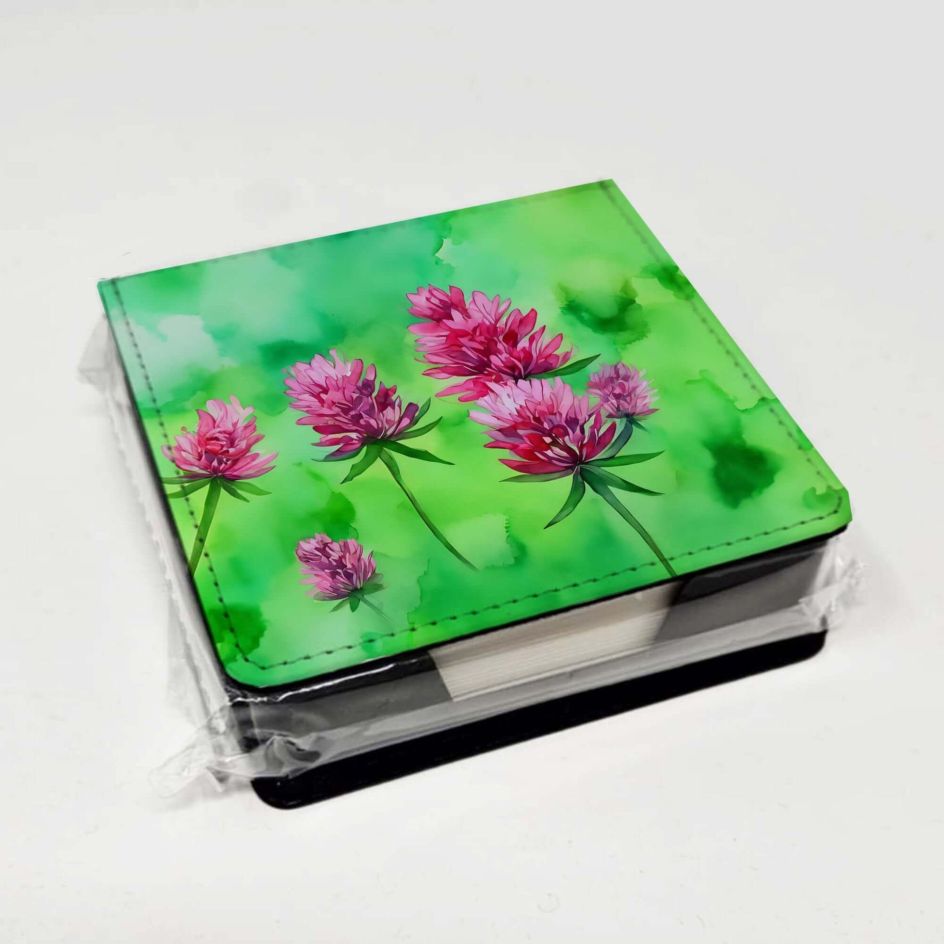 Vermont Red Clover in Watercolor PU Leather Note Paper Holder with Artist-Designed Cover, Desk Accessory, Office Gift