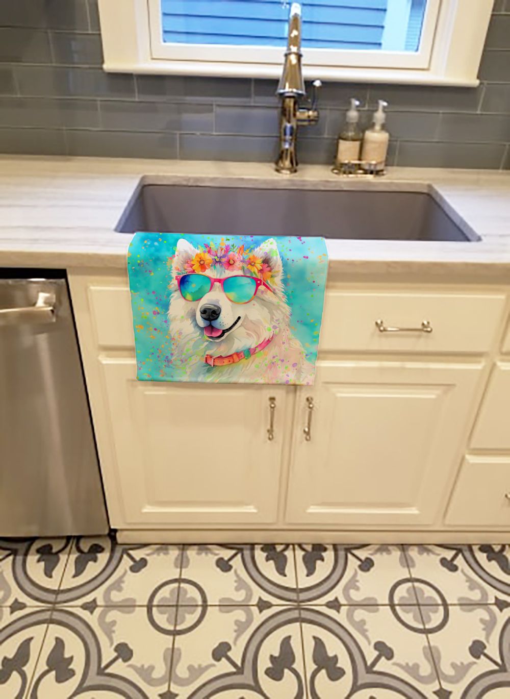 Samoyed Hippie Dawg Kitchen Towel Dish Cloths Guest Hand Towel Decorative Bathroom Towel for Face,Tea, Dishcloth, Kitchen and Bath