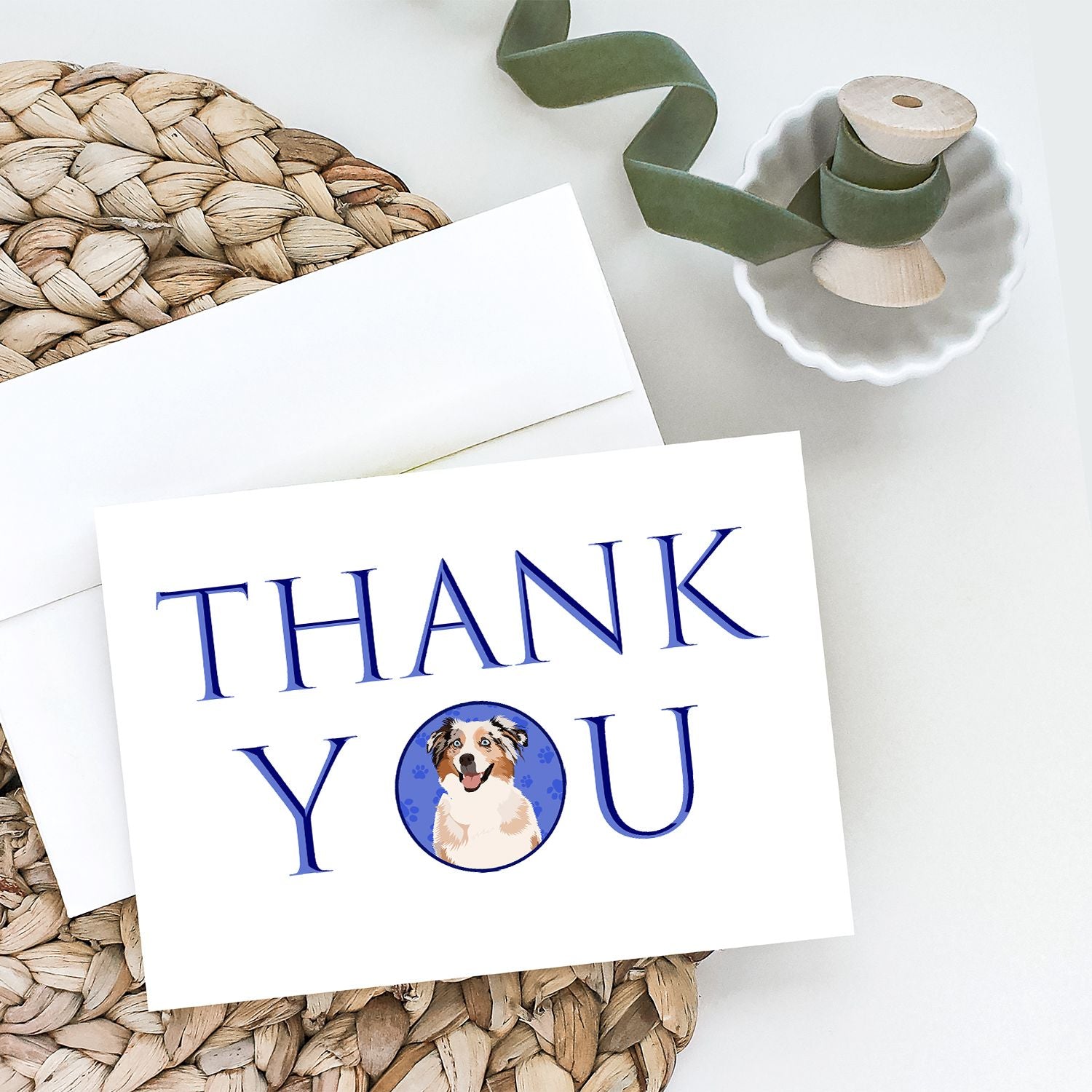 Australian Shepherd Red Merle Tricolor #2 Thank You Greeting Cards Pack of 8 Blank Cards with Envelopes Whimsical A7 Size 5x7 Blank Note Cards
