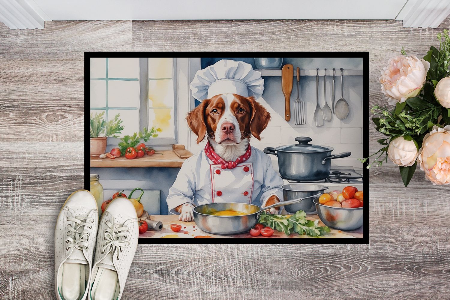 Brittany Spaniel The Chef Doormat Front Door Mat Indoor Outdoor Rugs for Entryway, Non Slip Washable Low Pile, 24H X 36W