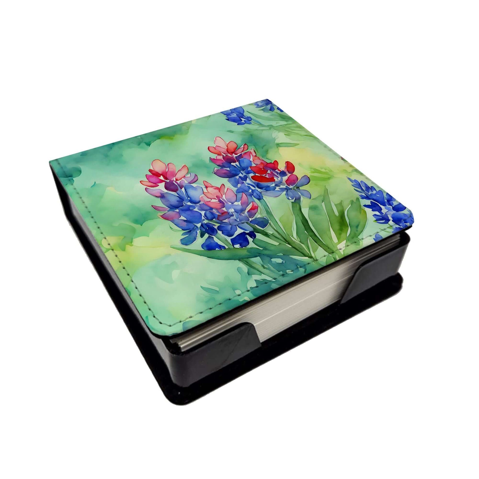 Texas Bluebonnets in Watercolor PU Leather Note Paper Holder with Artist-Designed Cover, Desk Accessory, Office Gift