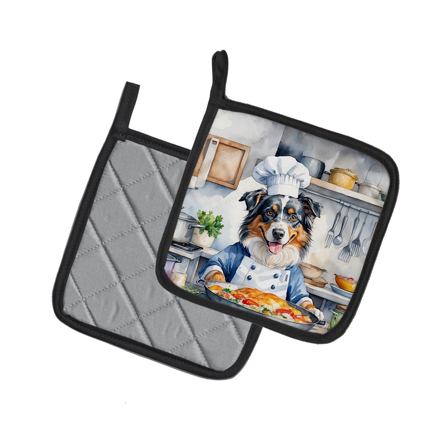Australian Shepherd The Chef Pair of Pot Holders Kitchen Heat Resistant Pot Holders Sets Oven Hot Pads for Cooking Baking BBQ, 7 1/2 x 7 1/2