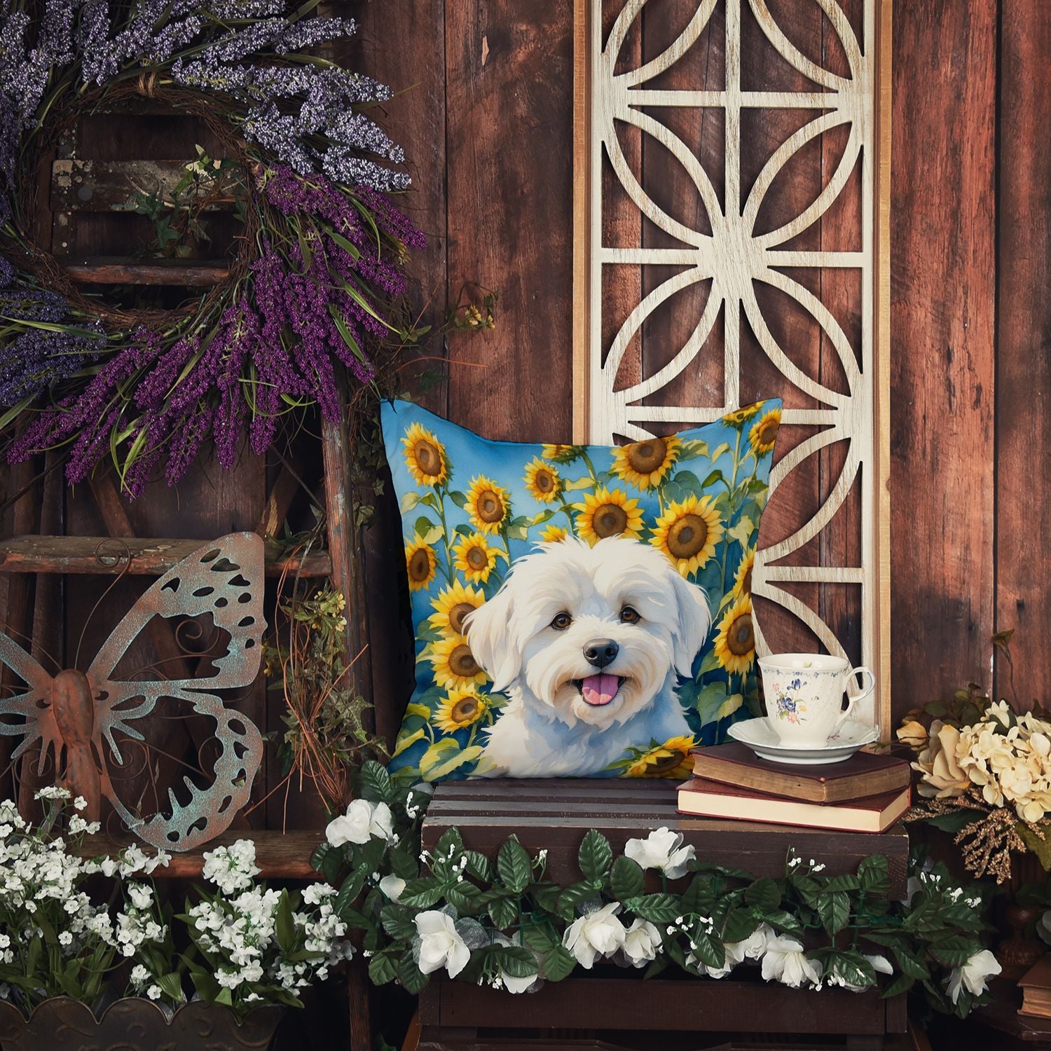 Coton de Tulear in Sunflowers Throw Pillow Machine Washable, Indoor Outdoor Decorative Pillow for Couch, Bed or Patio, 18Hx18W