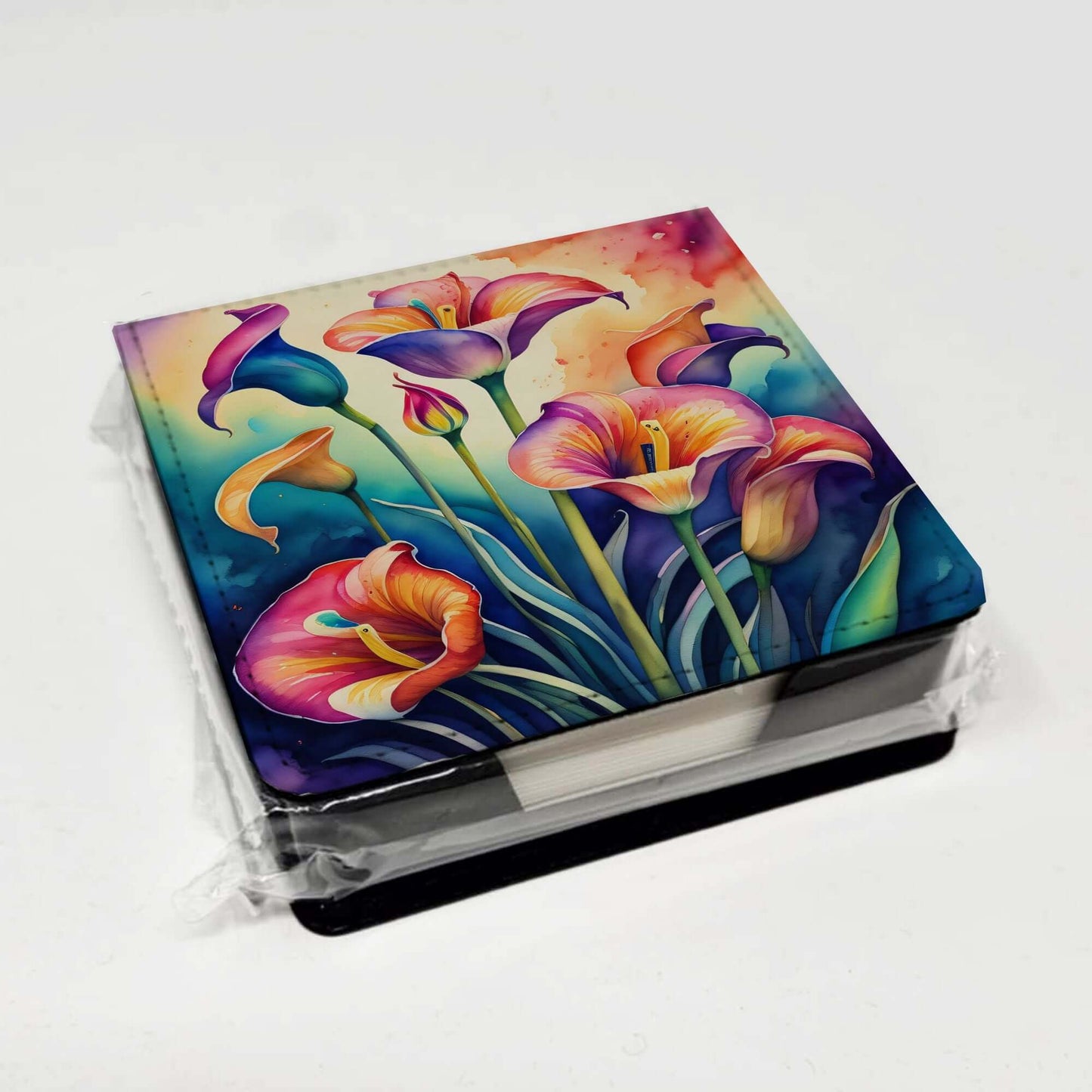 Colorful Calla Lilies PU Leather Note Paper Holder with Artist-Designed Cover, Desk Accessory, Office Gift