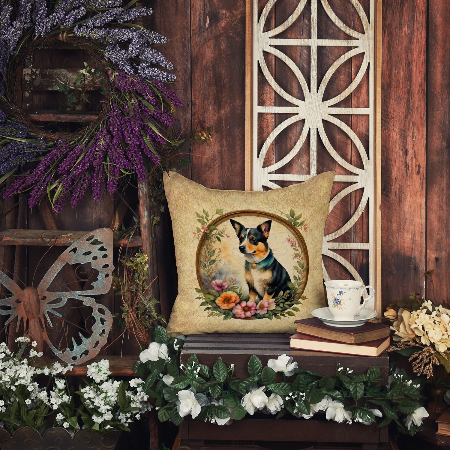 Lancashire Heeler and Flowers Throw Pillow Machine Washable, Indoor Outdoor Decorative Pillow for Couch, Bed or Patio, 14Hx14W